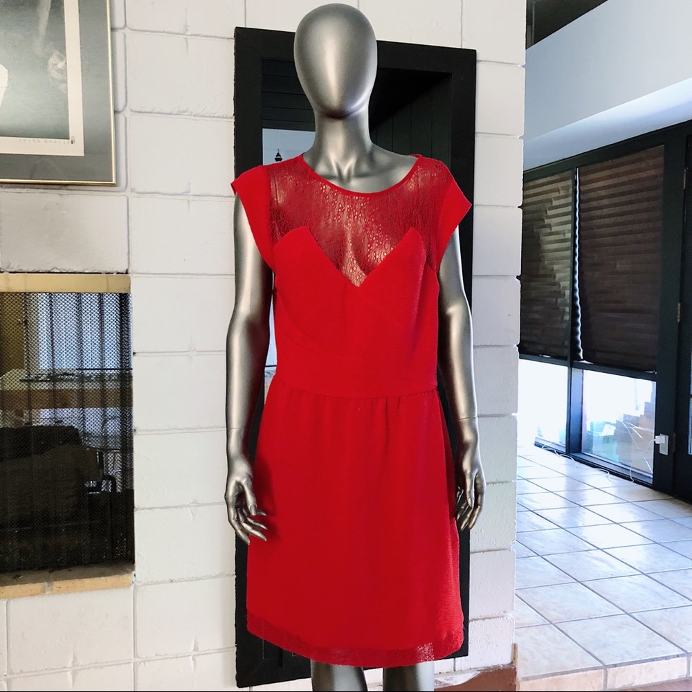 THE KOOPLES Lace Yoke Embossed Dress RED L